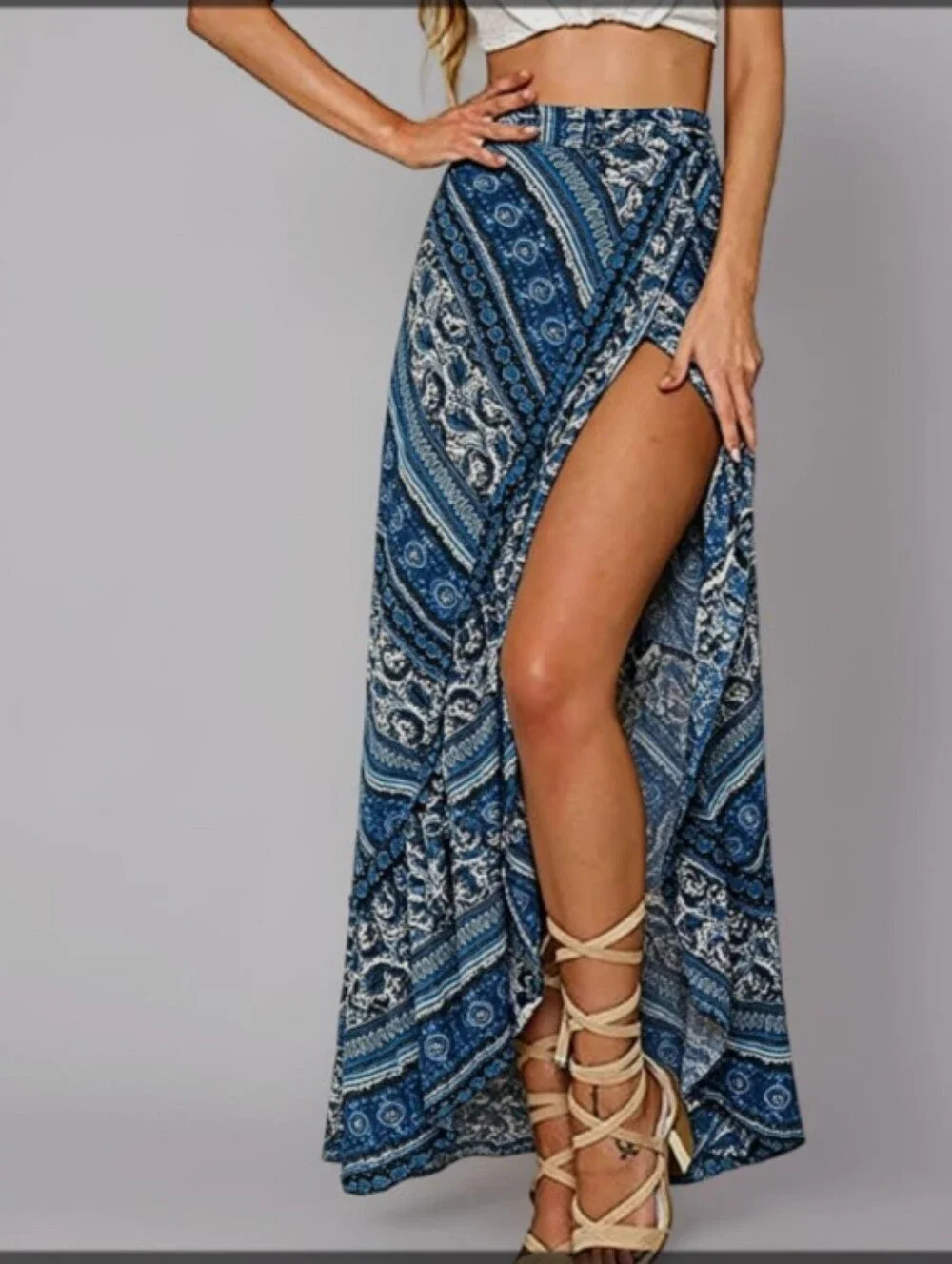 Foremode Women's Blue Boho Print Wrap Asymmetrical Maxi Skirt